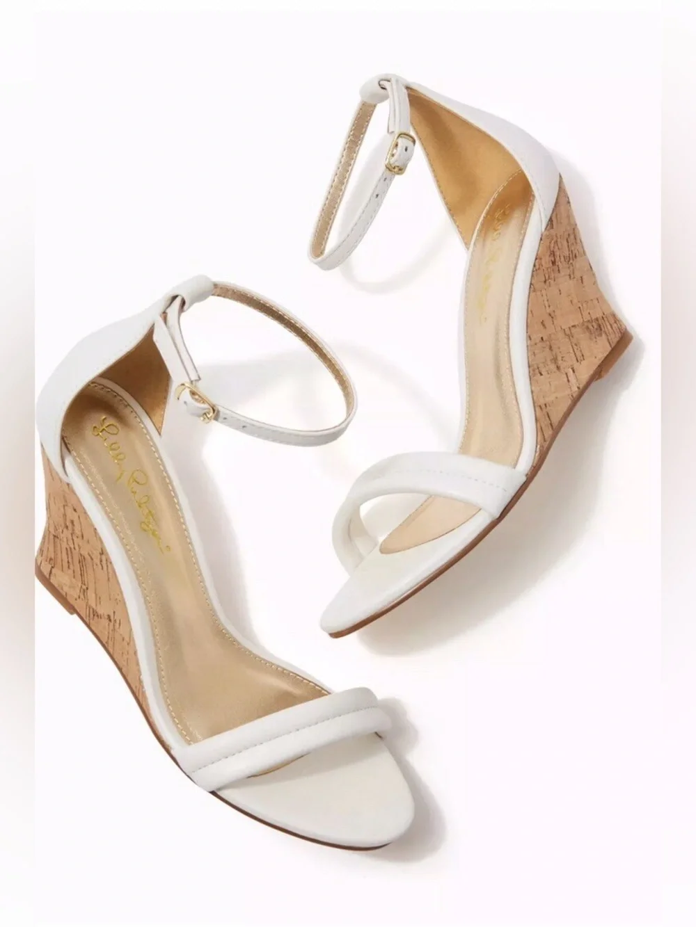 Lilly Pulitzer Jenna Wedge Resort White Ankle Strap Sandals Cork Wedge Size 6.5M